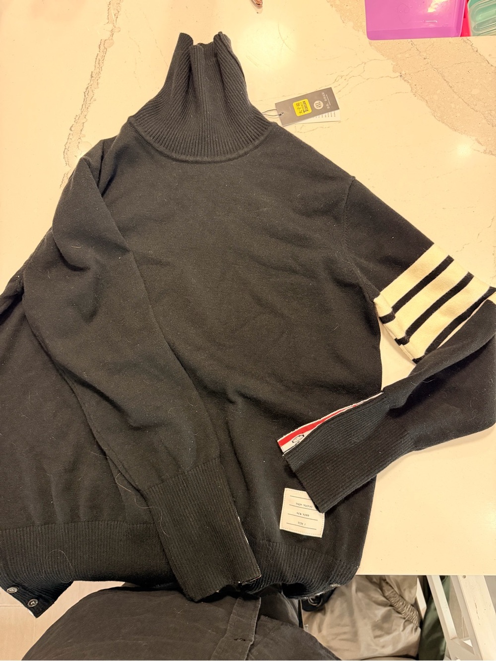 Black Turtleneck Men's Sweater with Striped Sleeve